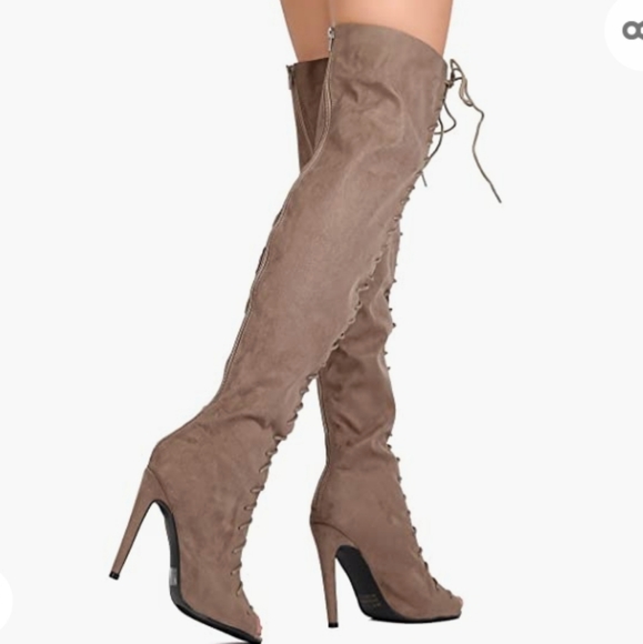 Qupid Women Suede Lace Up Peep Toe Thigh High - Picture 3 of 6